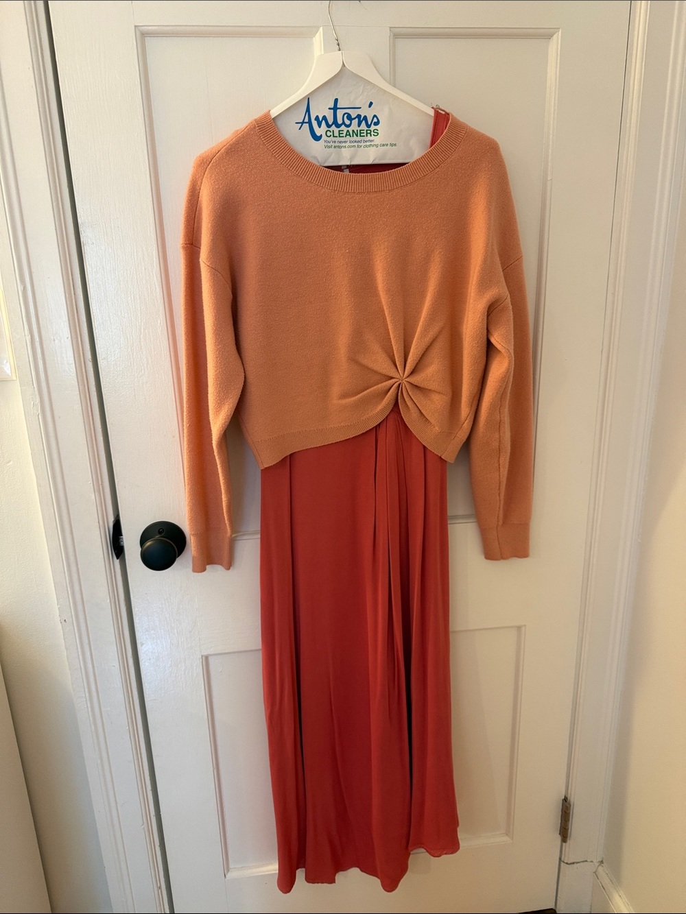 Anthropologie Peach Knit Twist-Front Sweater over Darker Peach Maxi Dress